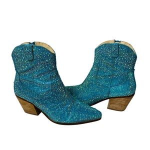 Betsey Johnson Turquoise Diva Rhinestone Embellished Western Boots Size 8.5